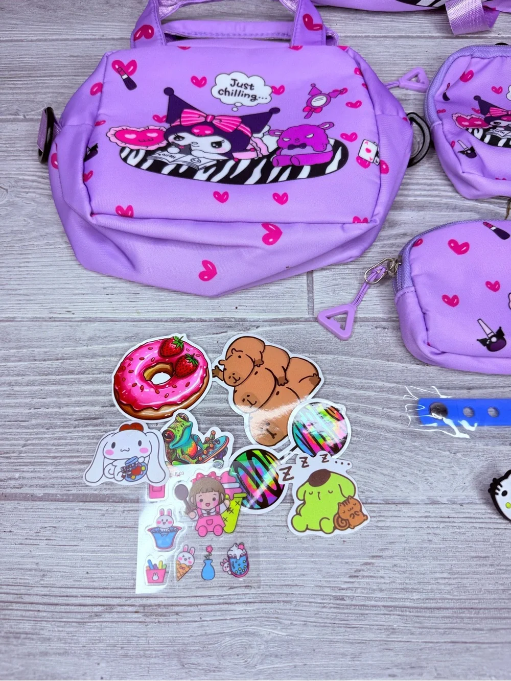 Kuromi backpack bundle , croc charms , keychain , stickers , pen , dragons bags